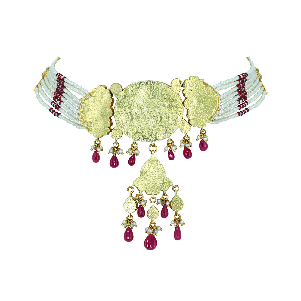 Oval Polki Choker with Floral Motifs, Ruby Drops, and Pearl Accents